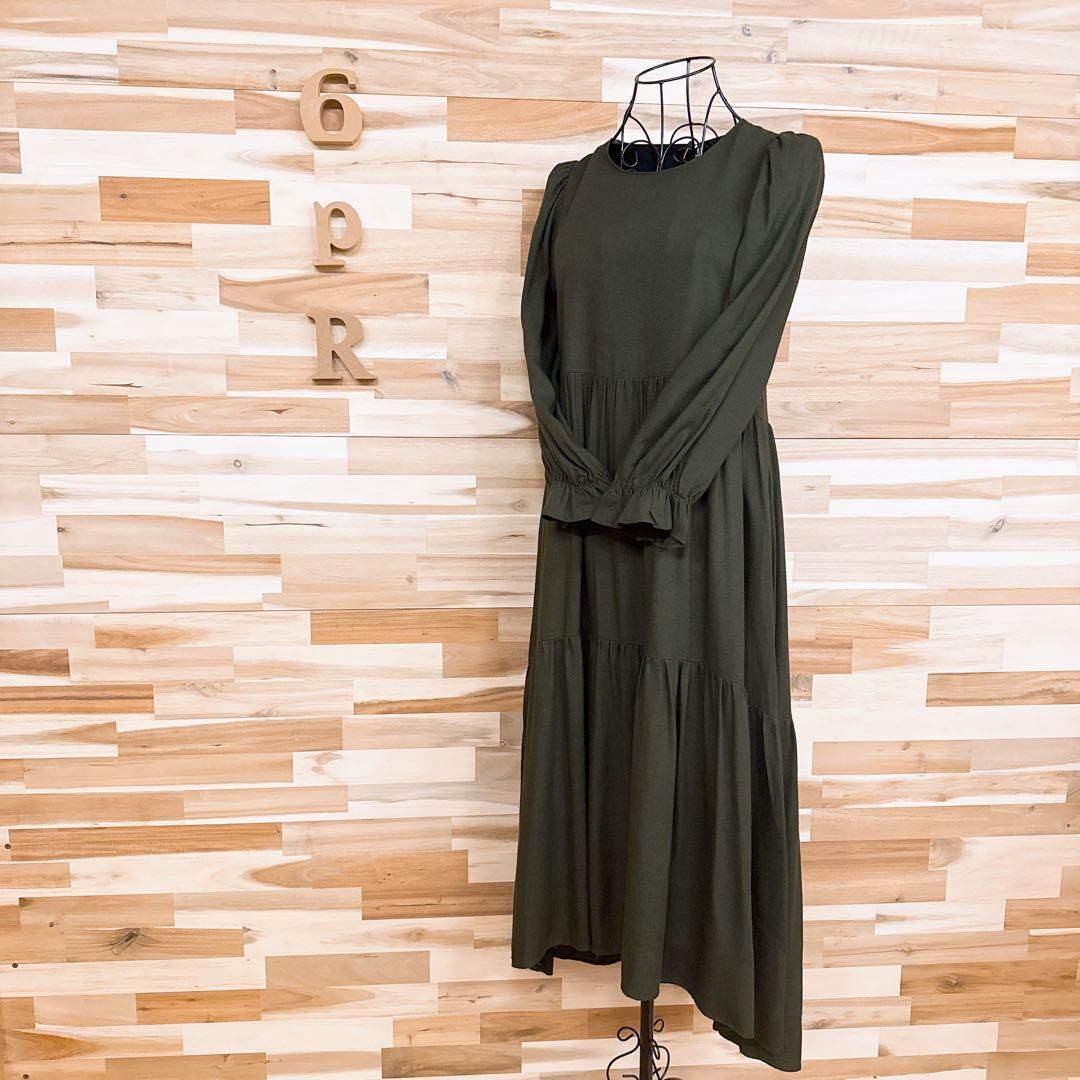 ザラ フリル袖 ティアード ロング ワンピース フィッシュテール XS カーキ