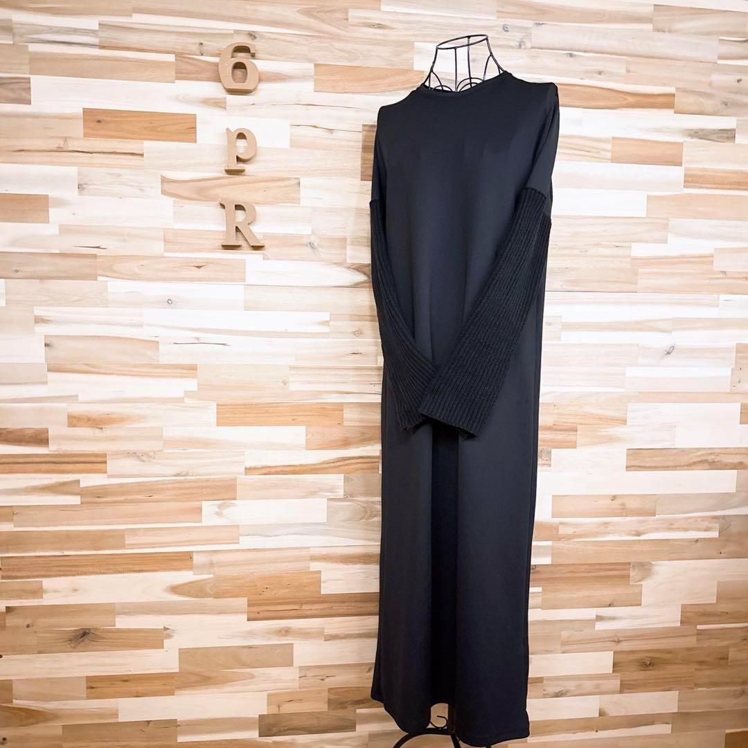ザラ 編み込みニット スリーブ ドッキング ロング ワンピース S 黒ブラック