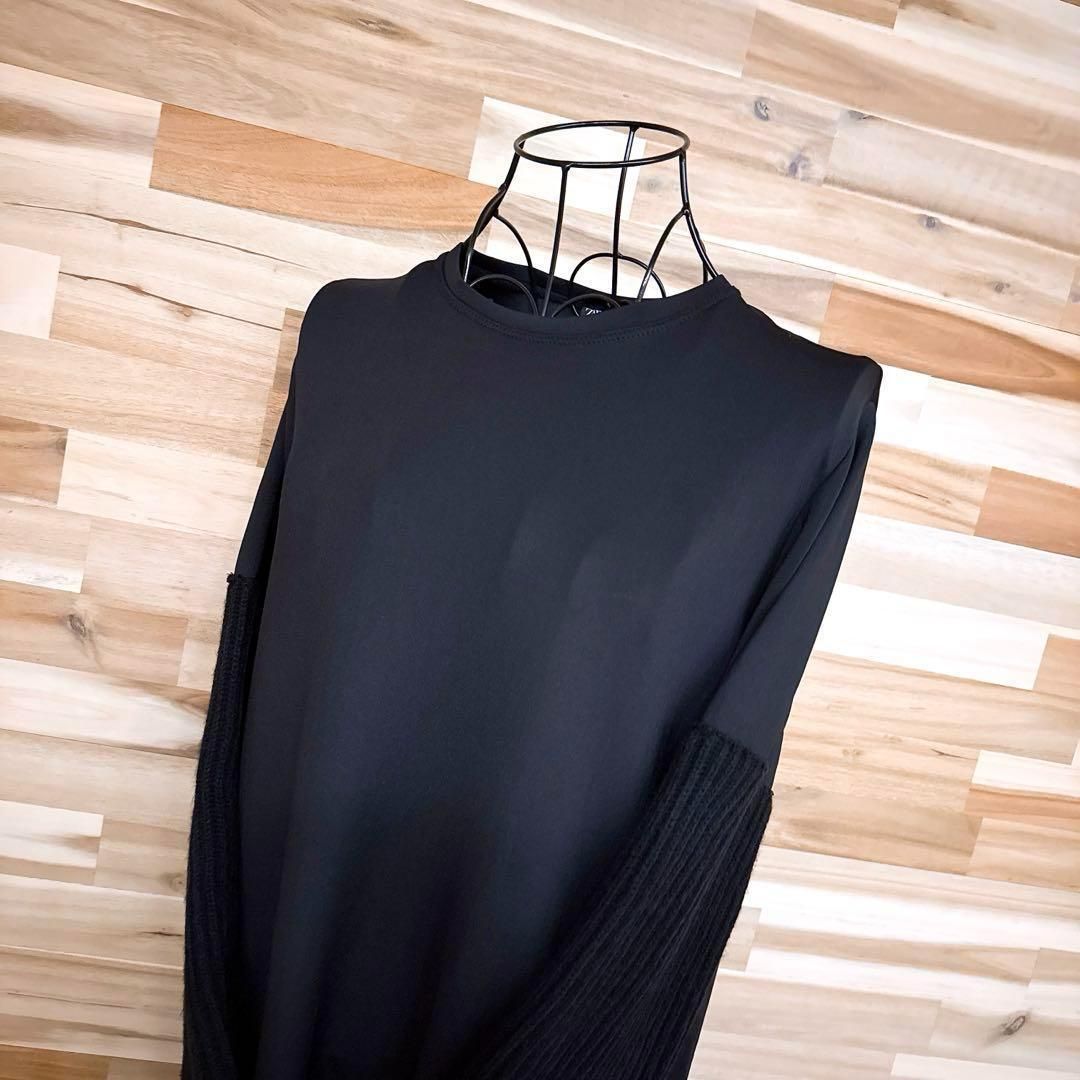 ザラ 編み込みニット スリーブ ドッキング ロング ワンピース S 黒ブラック