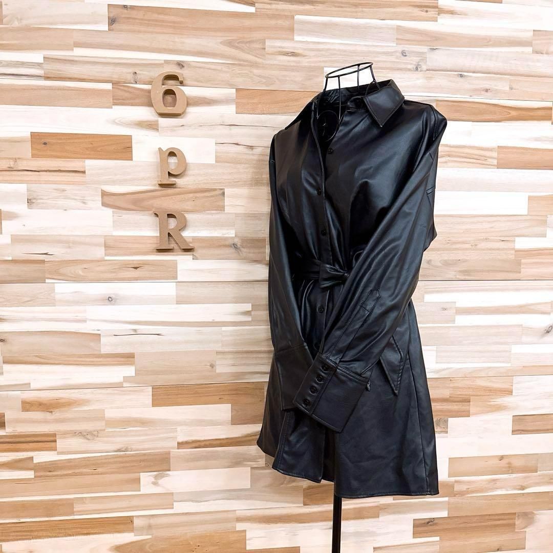 ザラ フェイク レザー シャツ ワンピース 長袖 ベルト付き S 黒ブラック