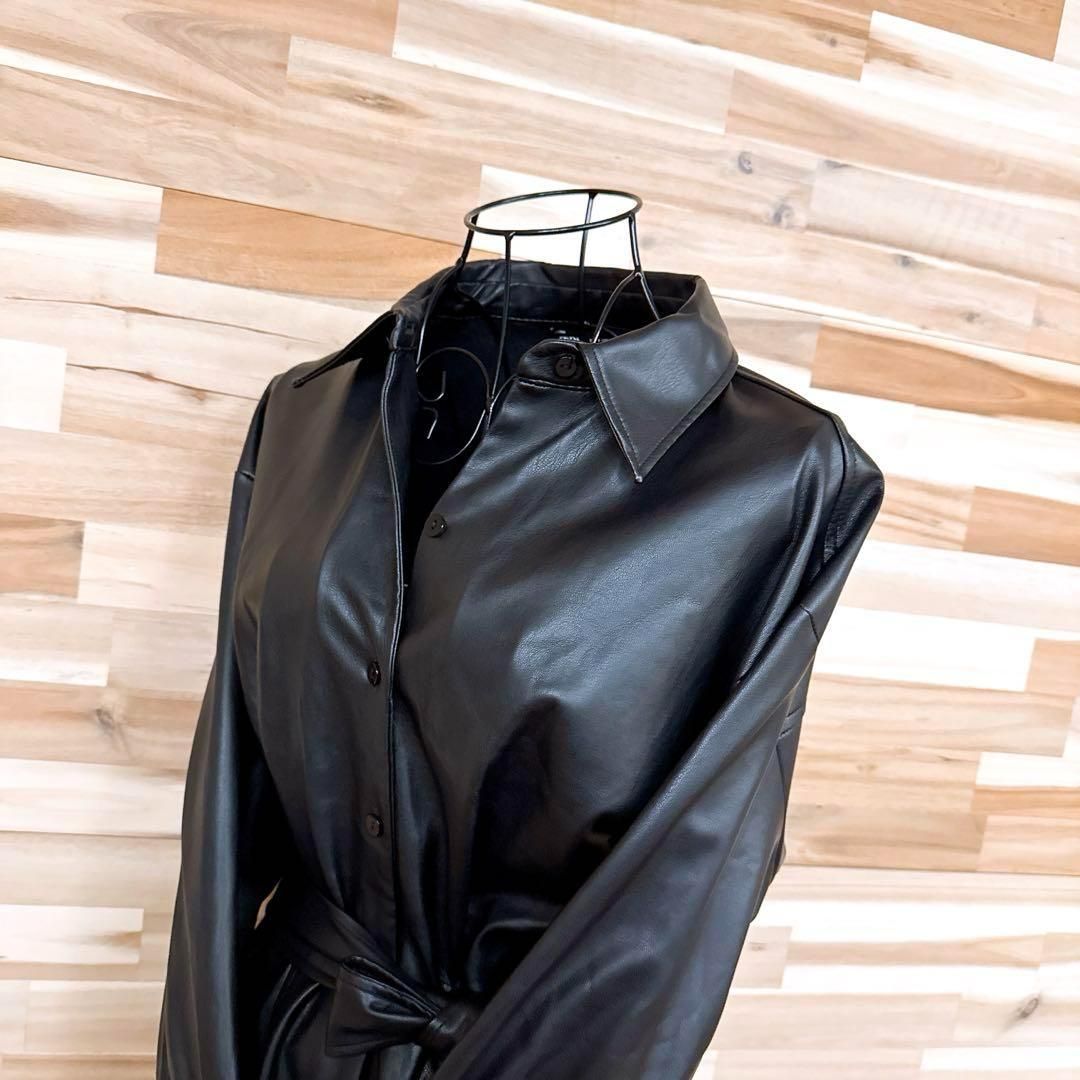 ザラ フェイク レザー シャツ ワンピース 長袖 ベルト付き S 黒ブラック