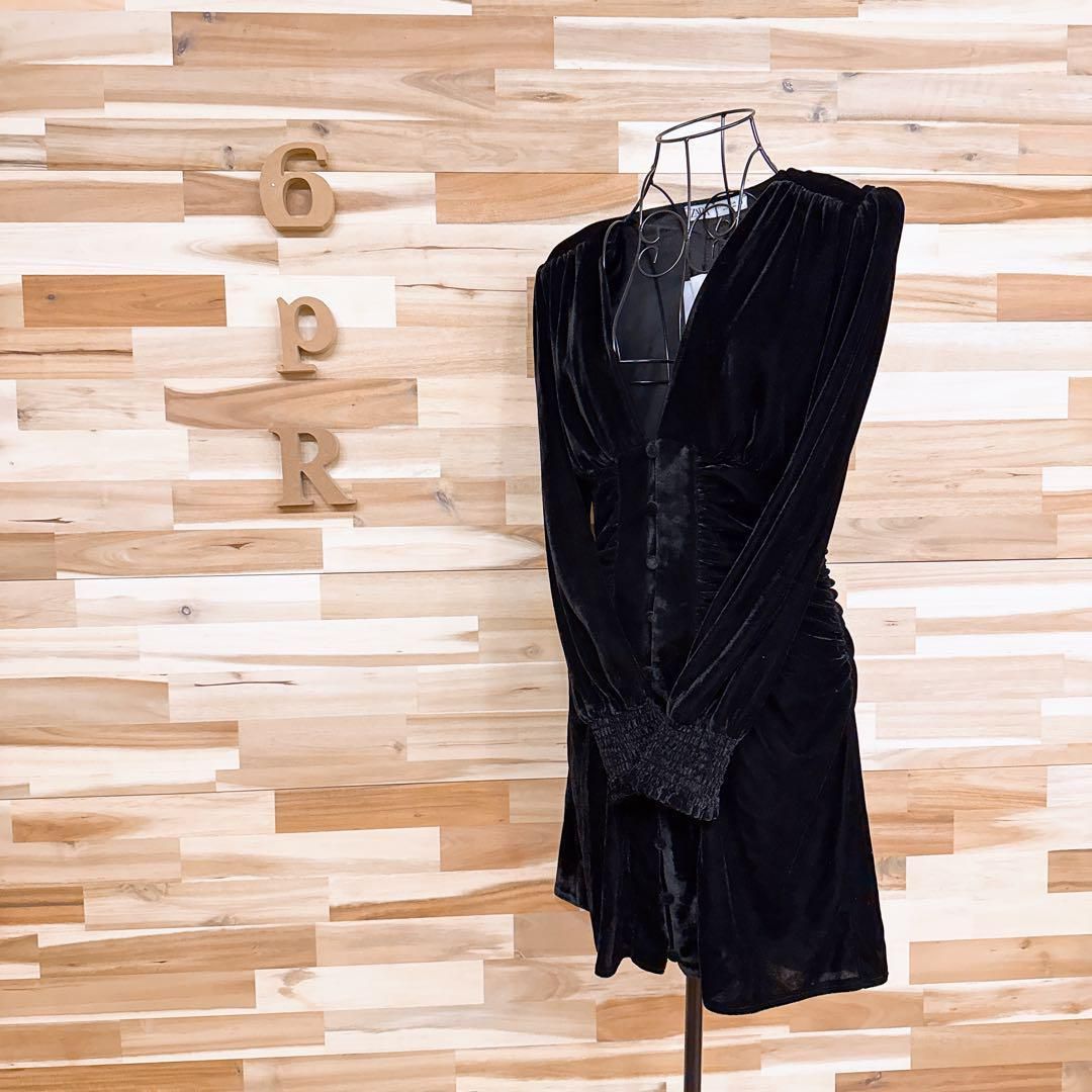 ザラ ベロア Vネック ミニ ドレス ワンピース 長袖 S 黒