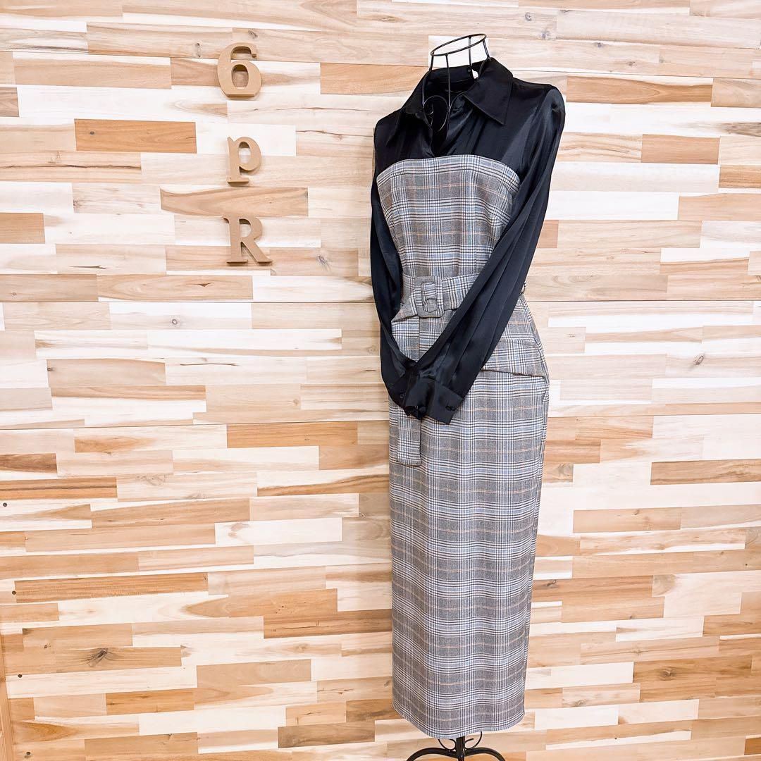 ザラ サテン 異素材ドッキング チェック ロング ワンピース XS 黒×グレー
