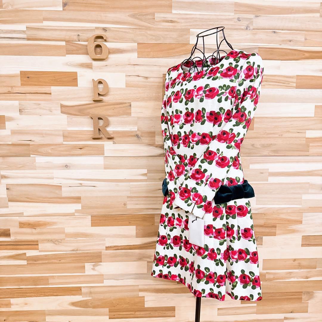 エムズグレイシー 花柄フラワー ドレス ワンピース ベロア リボン 白×ピンク