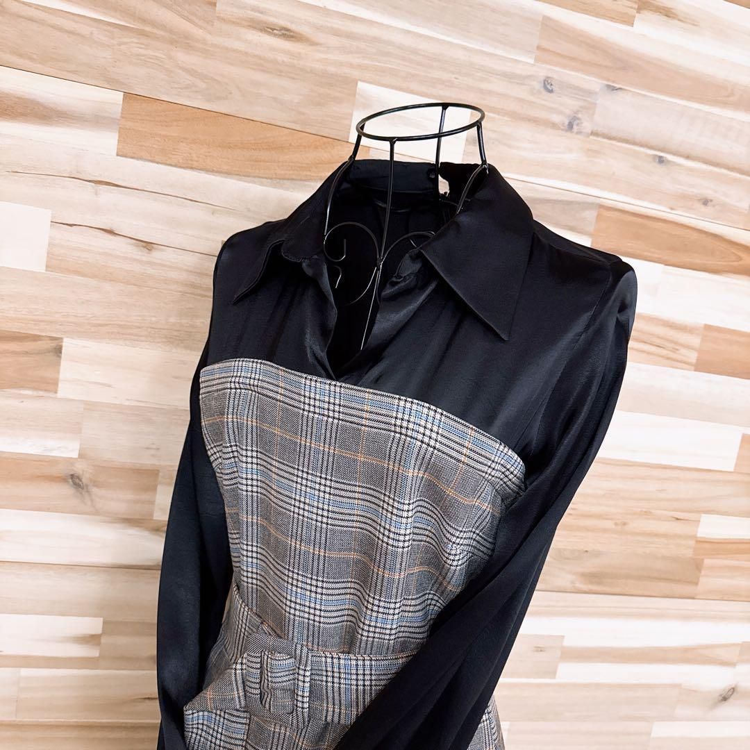 ザラ サテン 異素材ドッキング チェック ロング ワンピース XS 黒×グレー