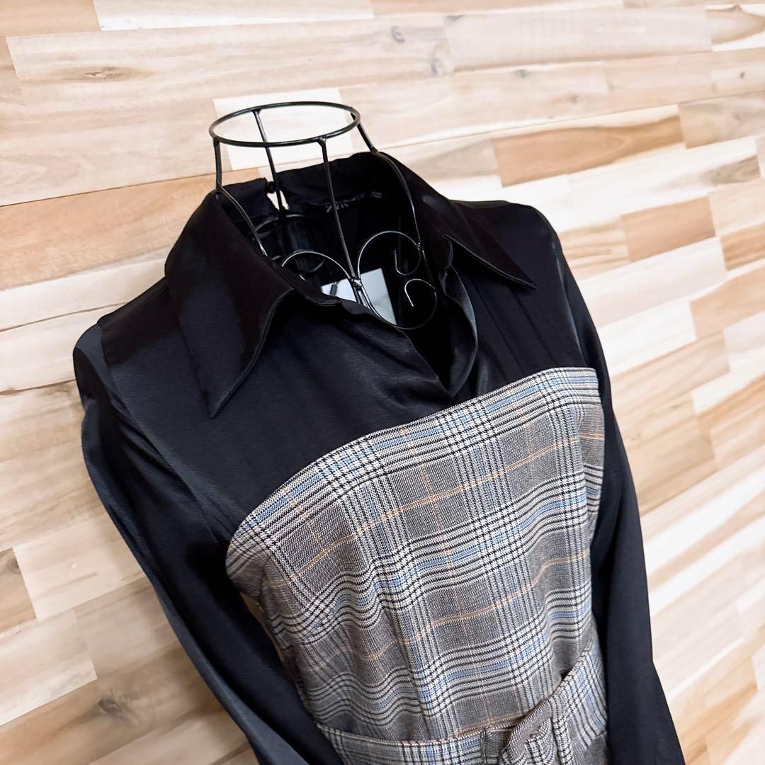  ザラ サテン 異素材ドッキング チェック ロング ワンピース XS 黒×グレー 長袖 七分袖 その他