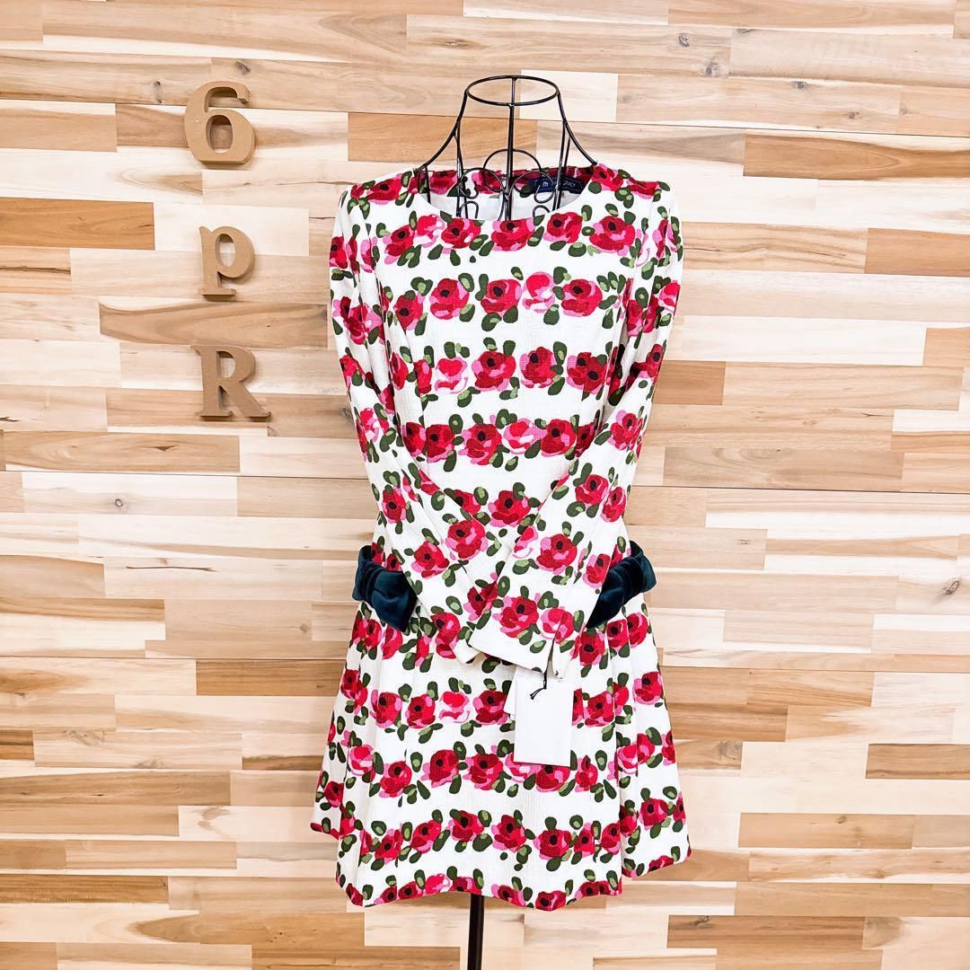 エムズグレイシー】花柄フラワー ドレス ワンピース ベロア リボン 白