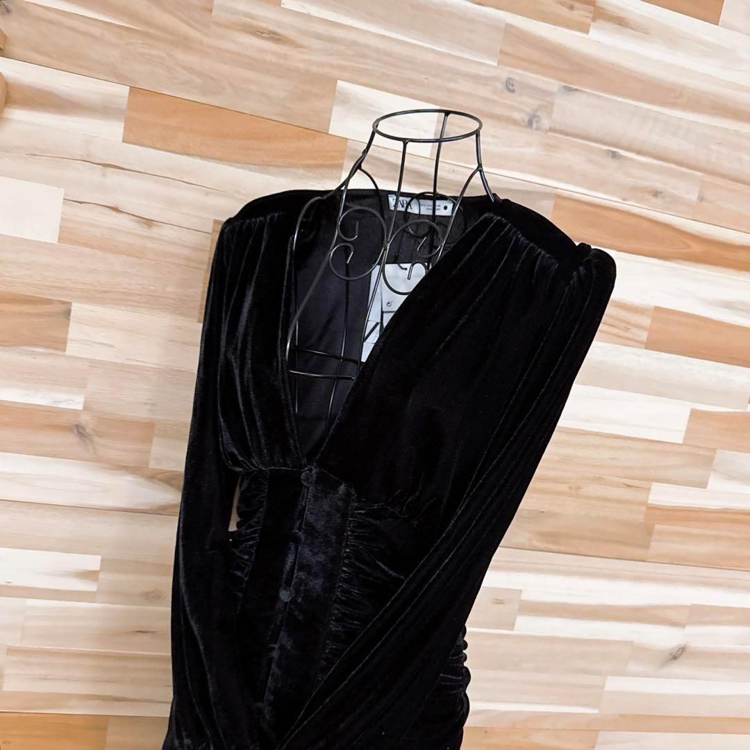 ザラ ベロア Vネック ミニ ドレス ワンピース 長袖 S 黒