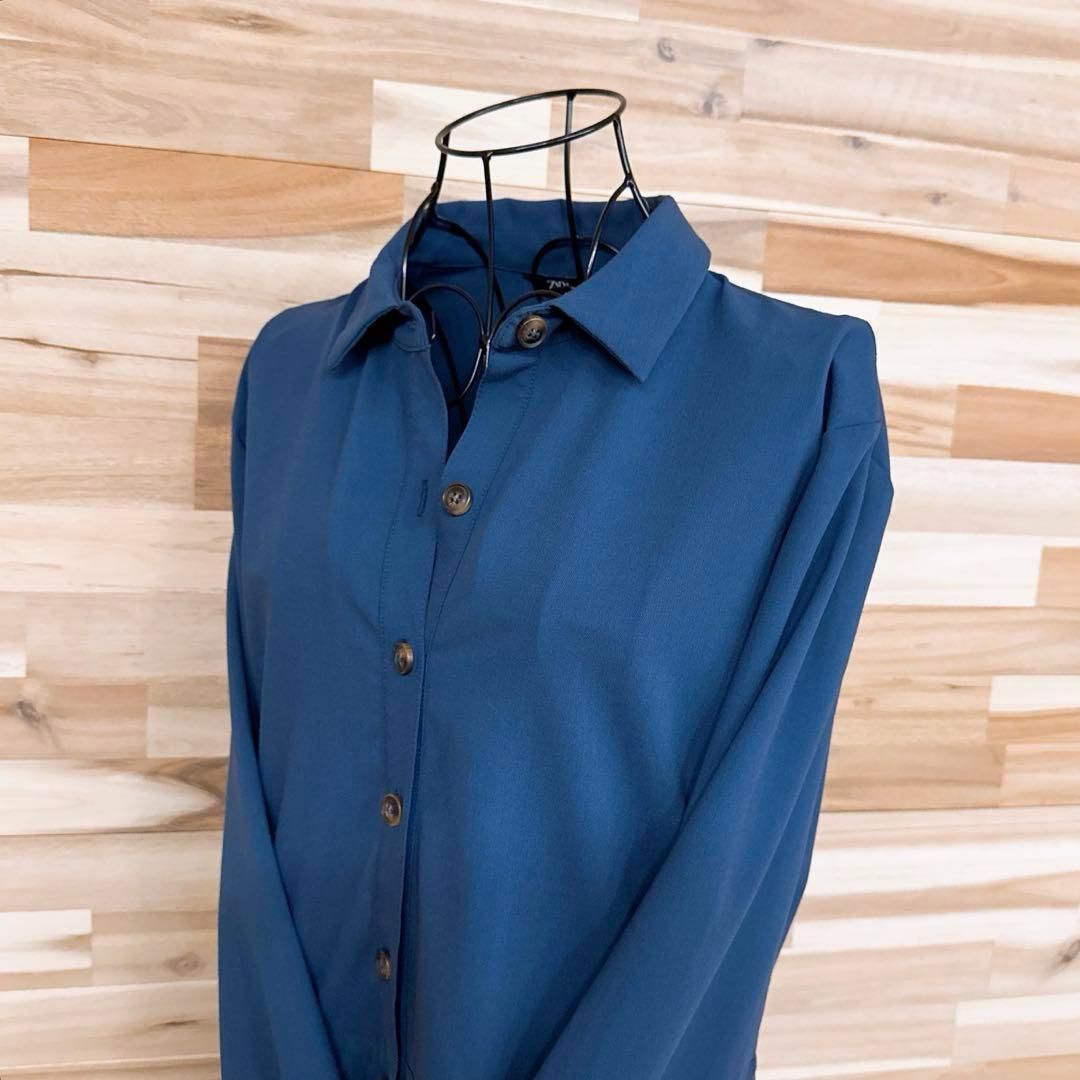 ザラ アシンメトリー プリーツ ドッキング ロング シャツ ワンピース M 青