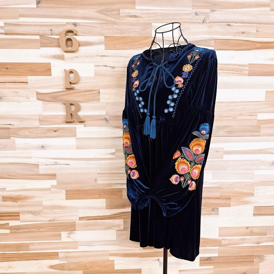 ザラ ベロア 花柄フラワー 刺繍 ワンピース エスニック XS 紺×カラフル