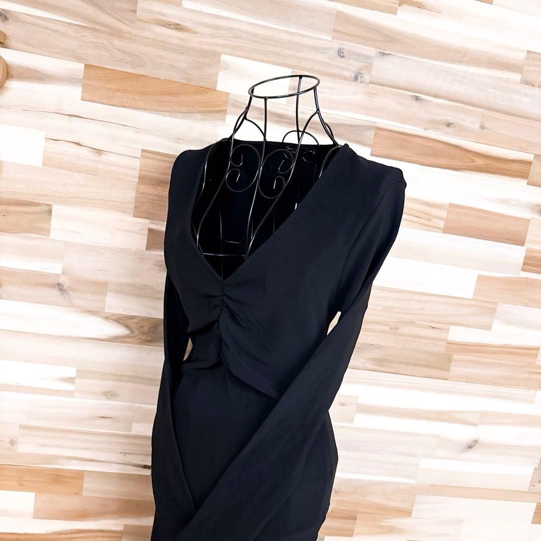 ザラ Vネック ロング ワンピース シャーリング 長袖 L 黒ブラック