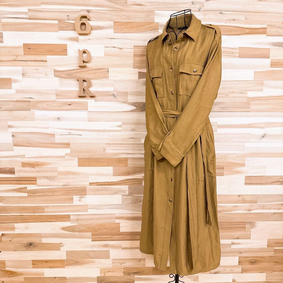 ザラ トレンチライク ミリタリー ロング シャツ ワンピース 羽織 L 黄土色