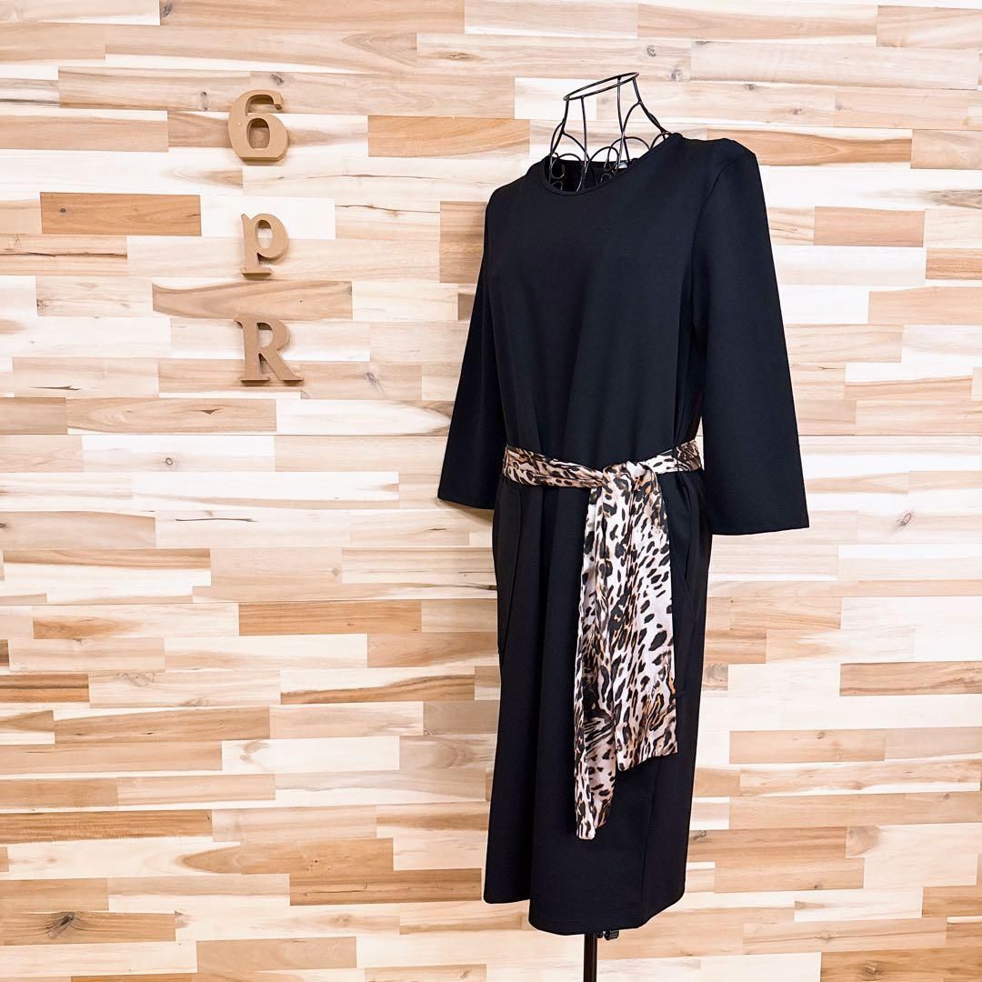 ザラ アニマル柄 レオパード シフォン ベルト ワンピース S 黒ブラック×茶