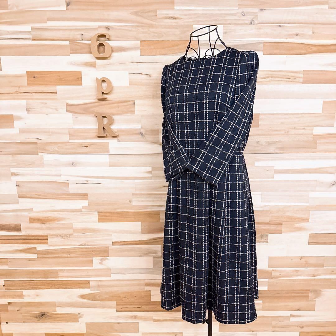  マッキントッシュフィロソフィー クラシカル チェック ワンピース紺×アイボリー 長袖 七分袖 ひざ丈ワンピース