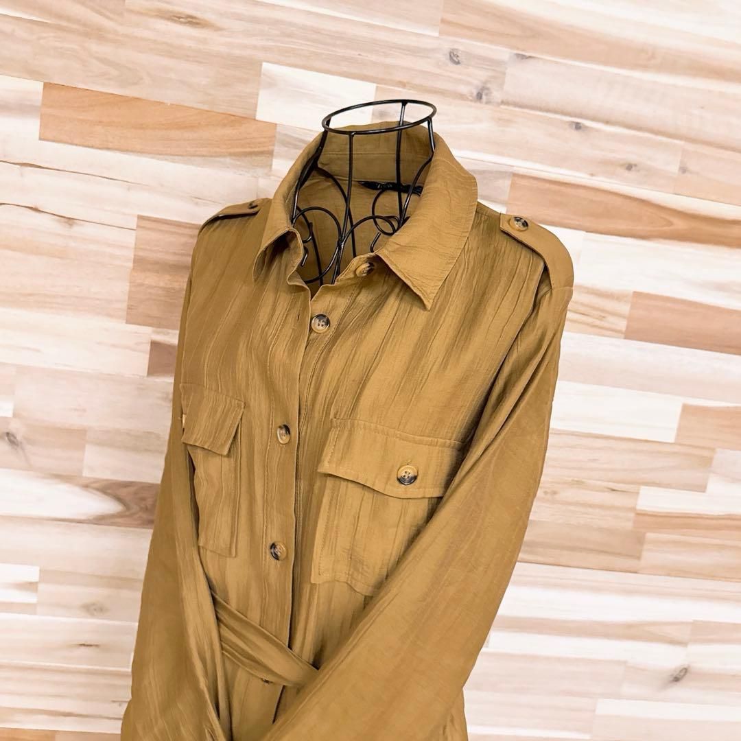 ザラ トレンチライク ミリタリー ロング シャツ ワンピース 羽織 L 黄土色