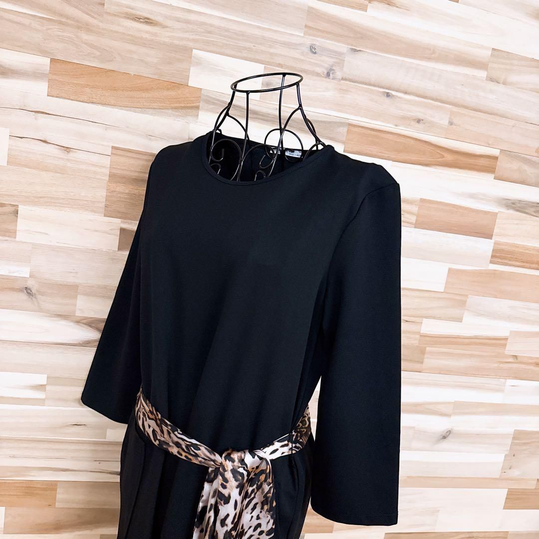 ザラ アニマル柄 レオパード シフォン ベルト ワンピース S 黒ブラック×茶