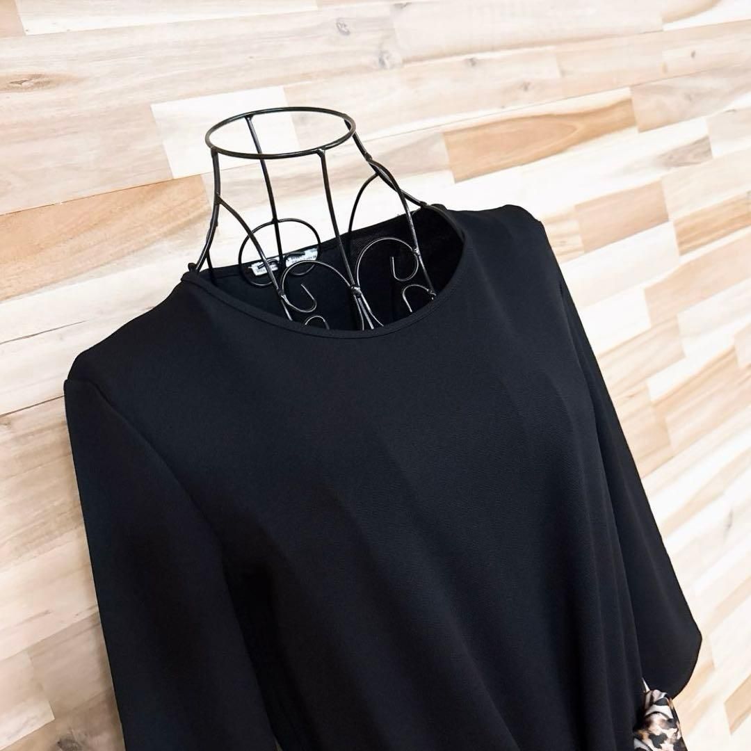  ザラ アニマル柄 レオパード シフォン ベルト ワンピース S 黒ブラック×茶 長袖 七分袖 カットソーワンピース