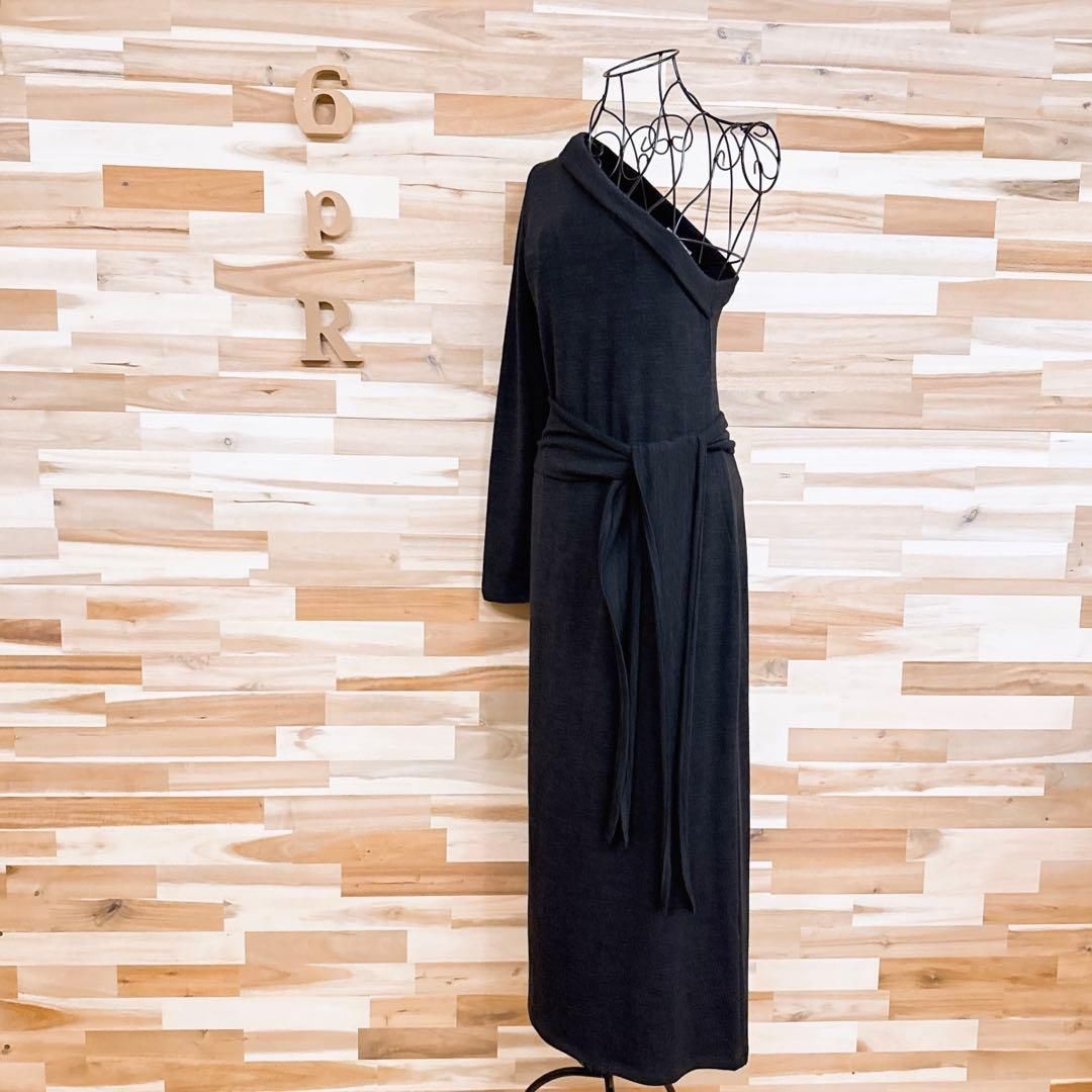 ザラ ワンショルダー ロング ニット ワンピース アシンメトリー S黒ブラック