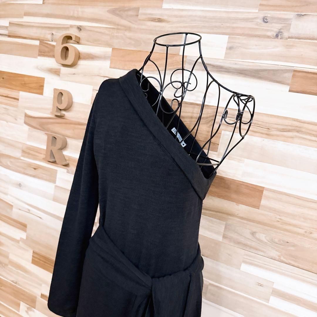 激安大特集。 ザラ ワンショルダー ロング ニット ワンピース アシンメトリー S黒ブラック