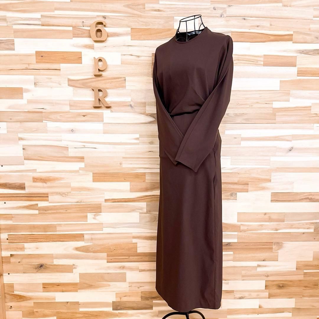 ザラ ドレープ アシンメトリー ねじり タック ロング ワンピース XS 茶