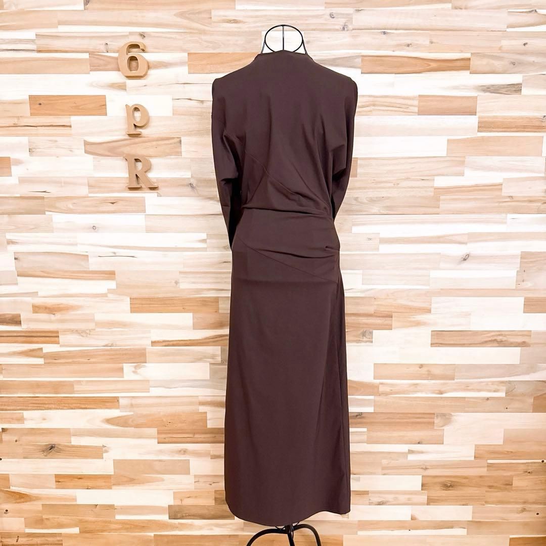  ザラ ドレープ アシンメトリー ねじり タック ロング ワンピース XS 茶 長袖 七分袖 カットソーワンピース