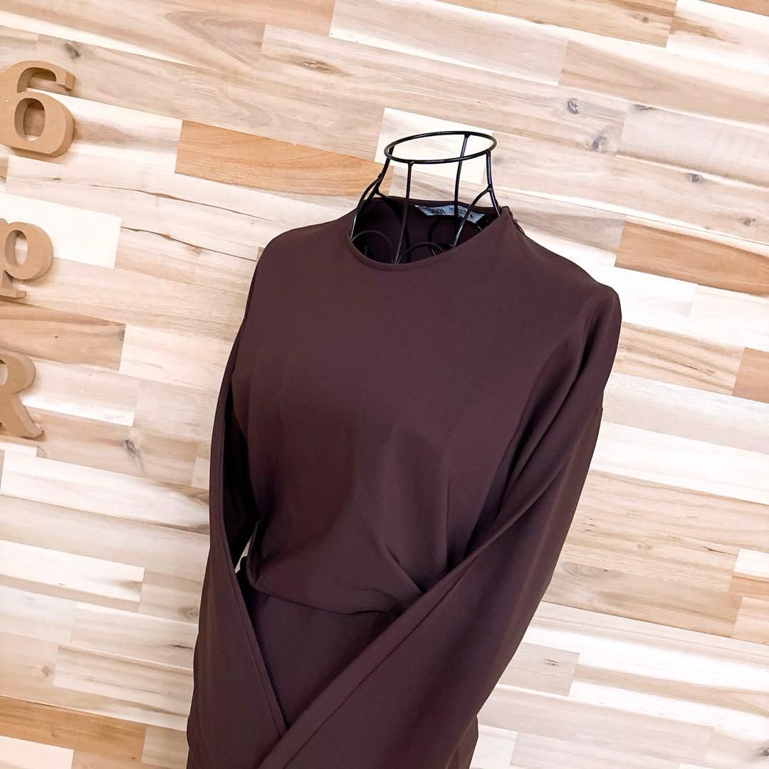 ザラ ドレープ アシンメトリー ねじり タック ロング ワンピース XS 茶