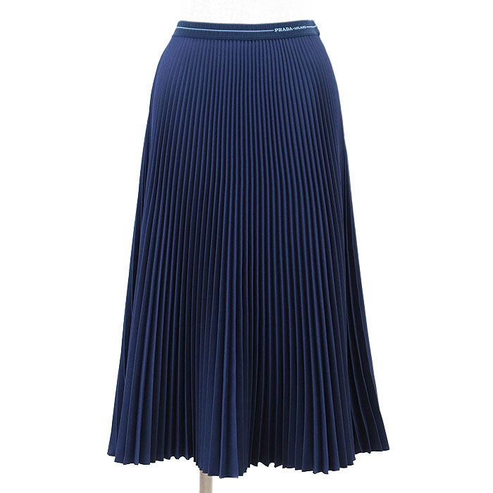 PRADA プラダ プリーツスカート 2019年製 ロゴ テクニカルジャージー ポリエステル ウエストイージー ボトムス レディース サイズ 40S ネイビー 紺 イタリア製