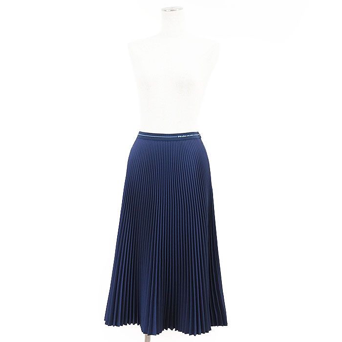 PRADA プラダ プリーツスカート 2019年製 ロゴ テクニカルジャージー ポリエステル ウエストイージー ボトムス レディース サイズ 40S ネイビー 紺 イタリア製
