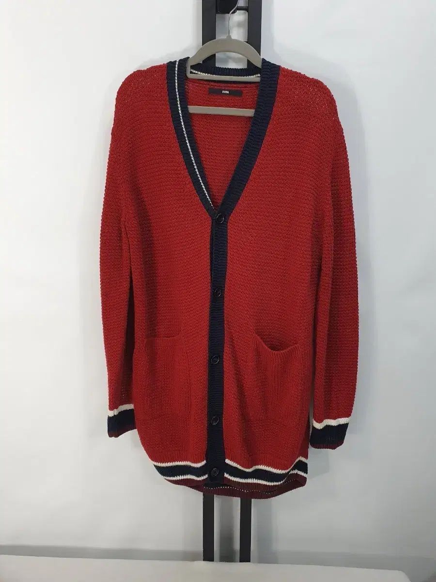 SYSTEM HOMME カーディガン Vネック ニット ロング丈 レッド 95