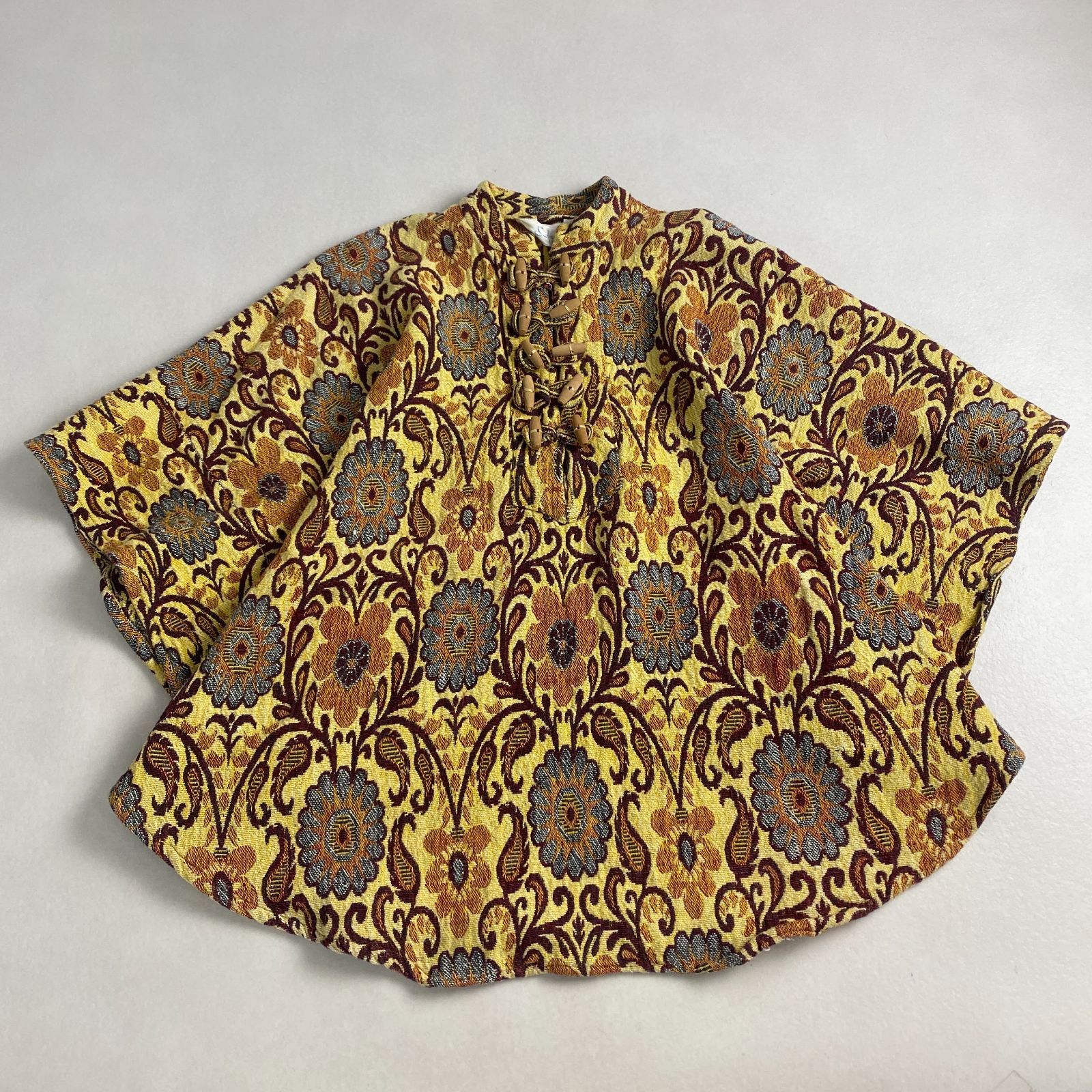 ヴィンテージ ポンチョ ジャガード織り ゴブラン織り 花柄 激 イエロー系 L相当