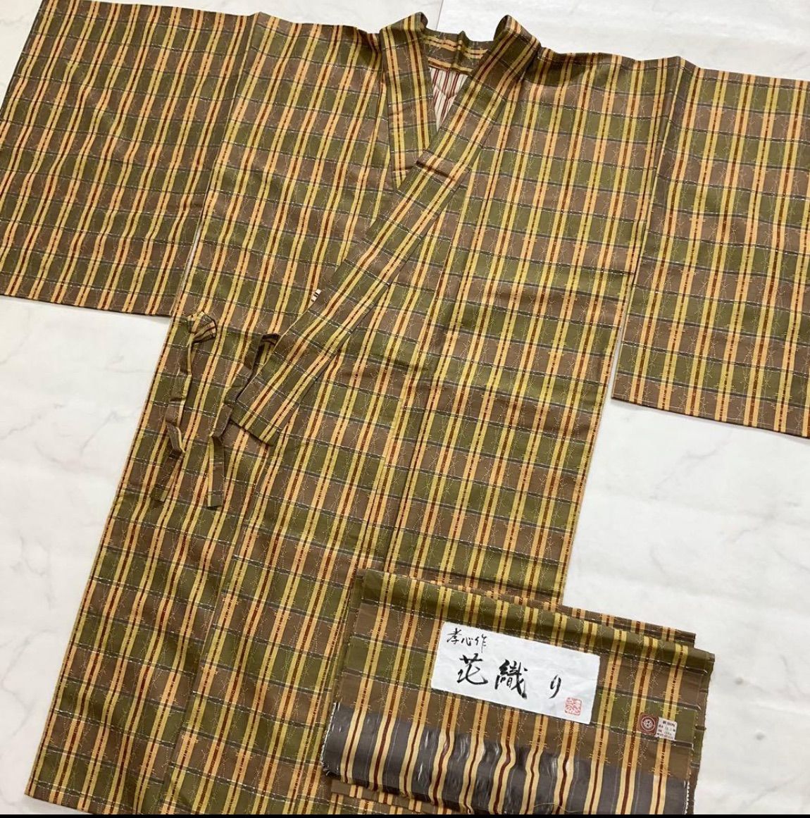 kimono one kimonoarisa 厳選 同然 花織の素晴らしい道中着コート 正絹 仕付け糸付き 花織り 孝心作 裄長 ロング 裄66.5丈107.5