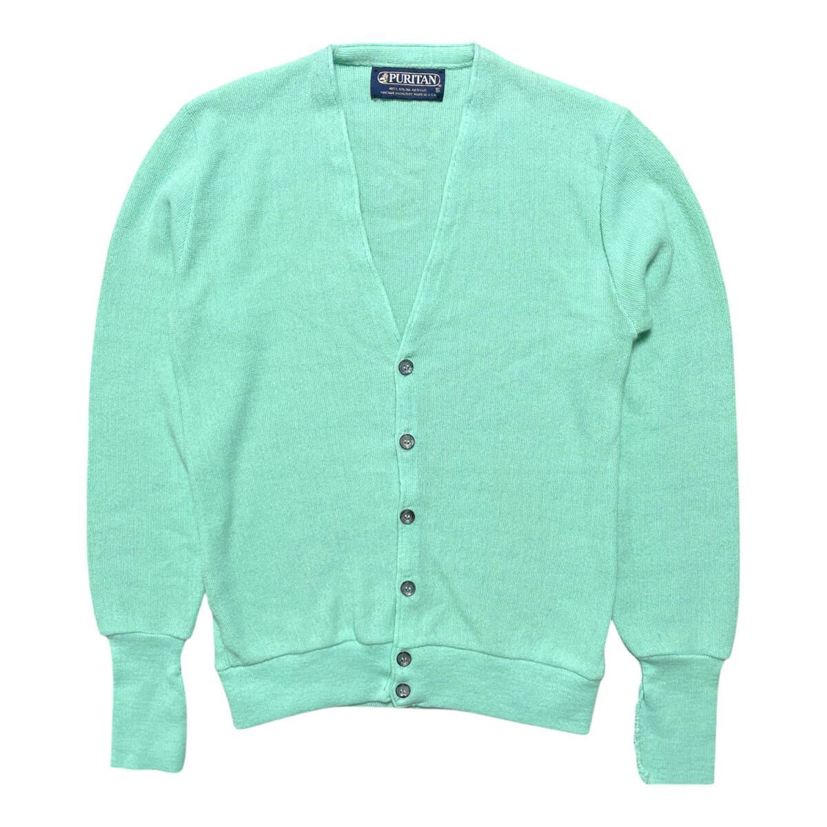 〜70s PURITAN USA製 アクリルニットカーディガン ライムグリーン USA 古着 PURITAN ピューリタン ヴィンテージ アクリル カーディガン