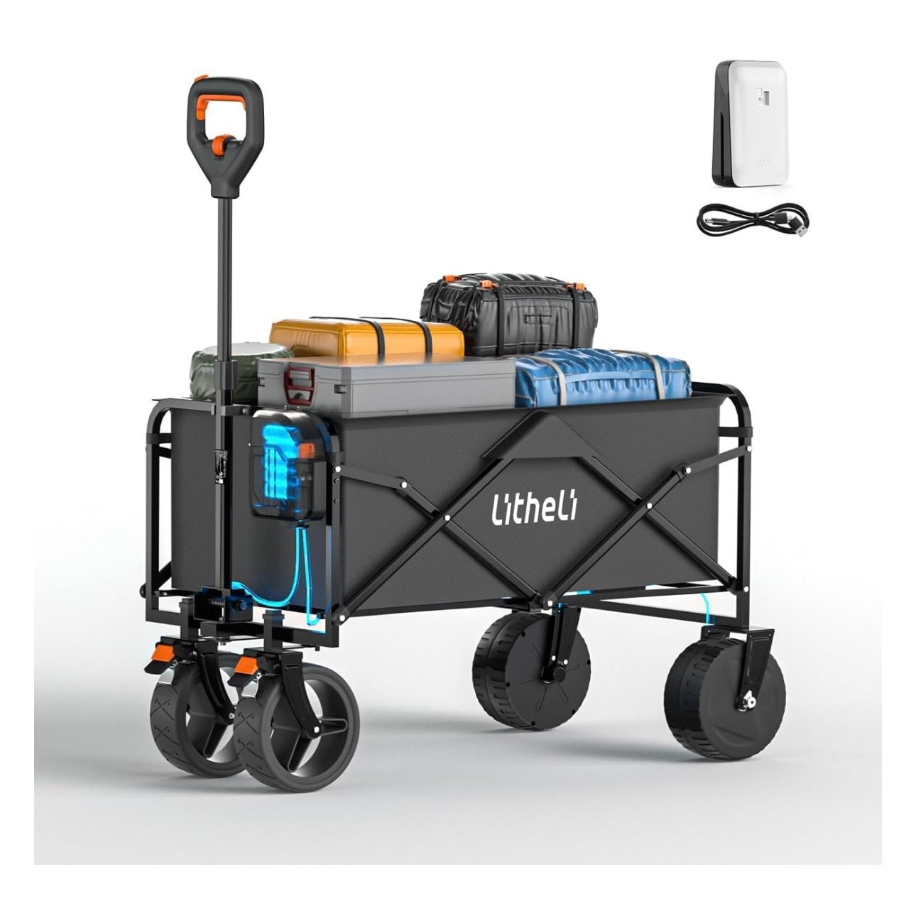 Litheli 電動キャリーワゴン 坂道運搬 軽量 大容量100L 長距離航続 大型タイヤ アウトドアワゴン 無段変速 折りたたみ式 コンパクト こども乗せれる キャンプ アウトドア 釣り BBQ バッテリー付き W1 Go