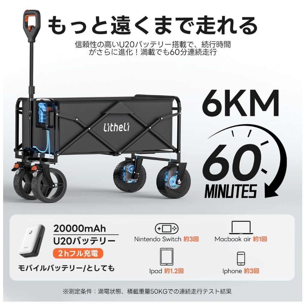 Litheli 電動キャリーワゴン 坂道運搬 軽量 大容量100L 長距離航続 大型タイヤ アウトドアワゴン 無段変速 折りたたみ式 コンパクト こども乗せれる キャンプ アウトドア 釣り BBQ バッテリー付き W1 Go OLIVEOS_COM_TR