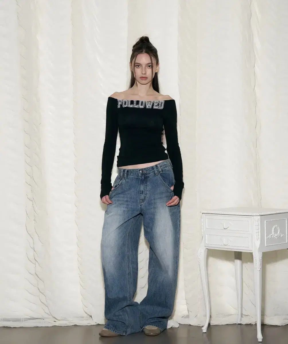 プリーズノーフォロー 25Damaged Washing Wide Denim