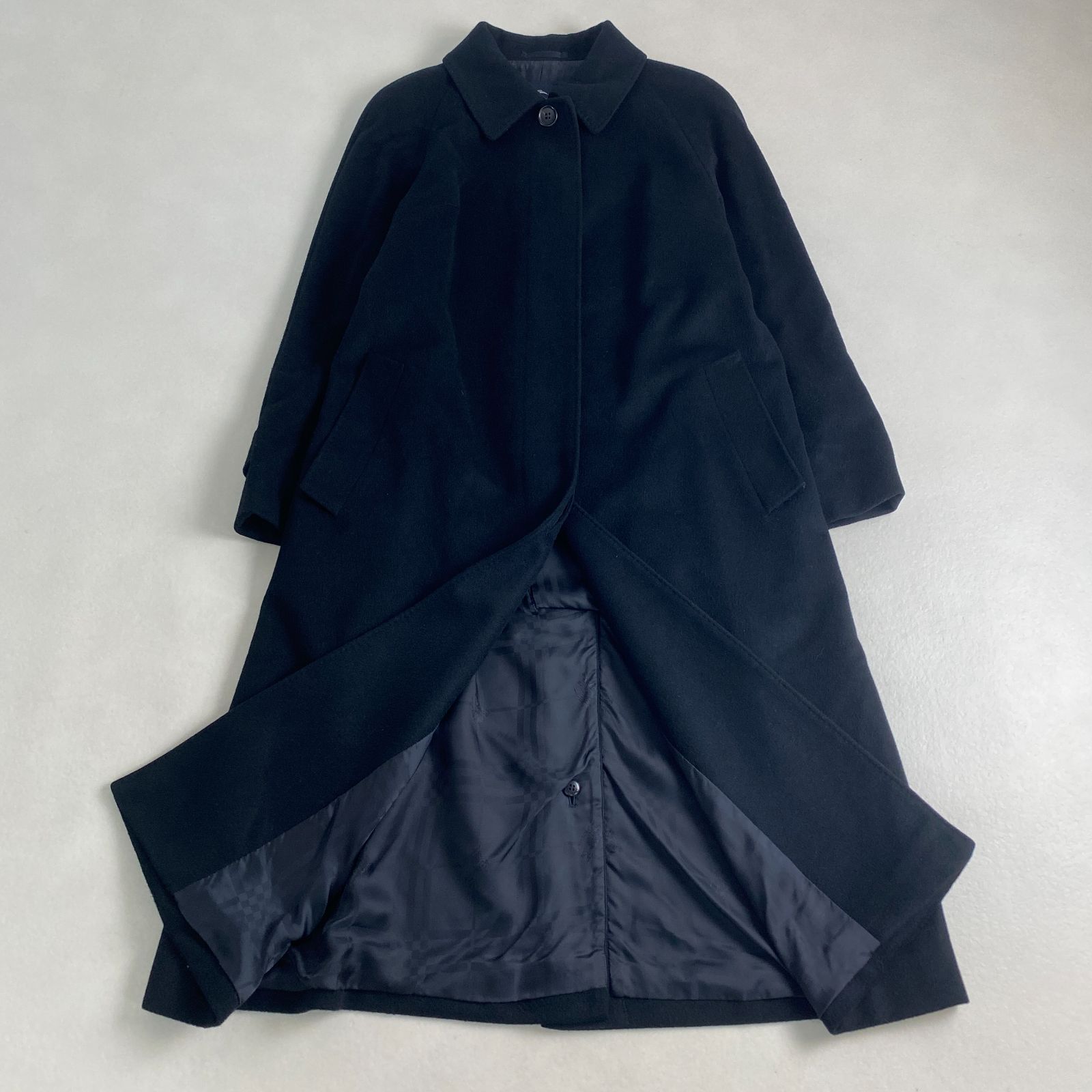 バーバリーロンドン ロングコート カシミヤ100 比翼 ノバチェック ホース刺しゅう ブラック L相当