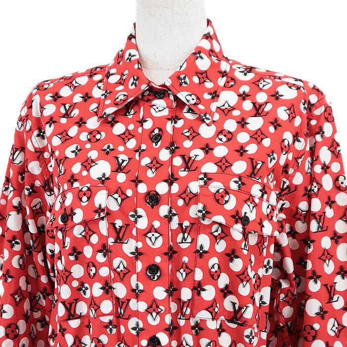 LOUIS VUITTON ルイ ヴィトン × 草間彌生 シャツワンピース 2025S S コラボレーション LV モノグラム ロゴ ドット 水玉 コットン ドレス 属 レディース 40 レッド 赤 イタリア製 FODR27U95