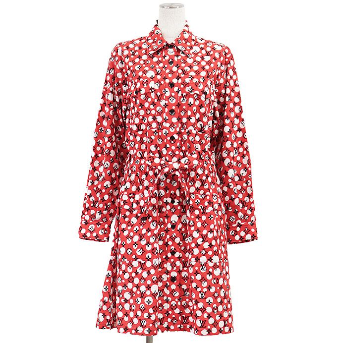 LOUIS VUITTON ルイ ヴィトン 草間彌生 シャツワンピース 2025 S コラボレーション LV モノグラム ロゴ ドット 水玉 コットン ドレス 属 レディース 40 レッド 赤 イタリア製