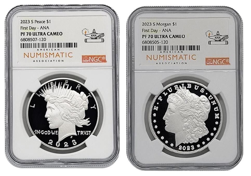 2025-S モルガン＆ピース プルーフ シルバー ダラー セット NGC PF 70 UC FDOI ANA ラベル W ボックス