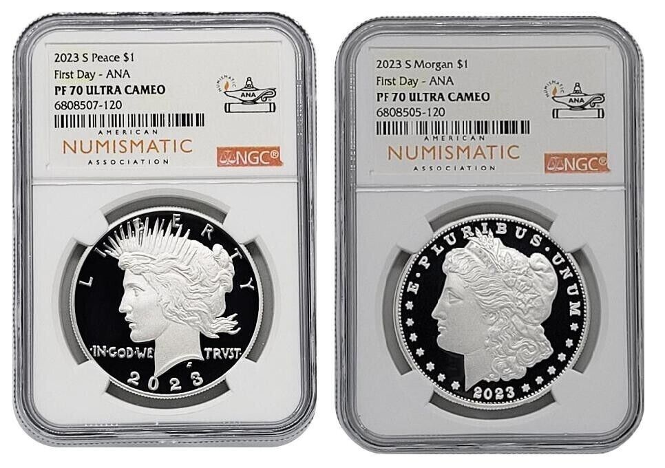 2023-S モルガン＆ピース プルーフ シルバー ダラー セット NGC PF70