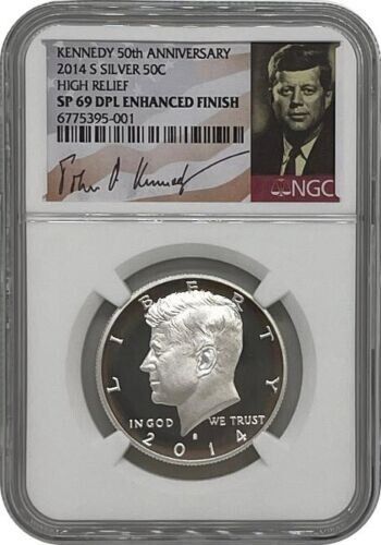 COA付き　ウルトラハイレリーフ　ケネディ銀貨　1オンス　1枚 2014-S ケネディ50周年記念ハイレリーフ銀貨 SP69 DPL 強化仕上げ