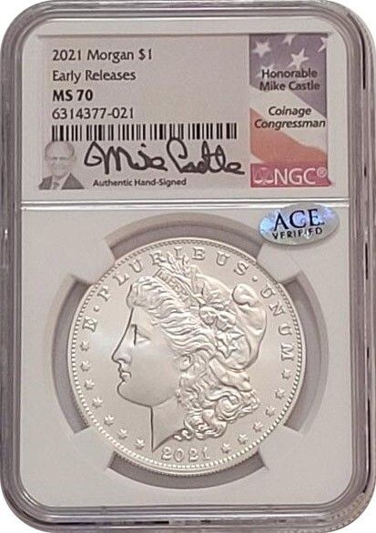 2021年 P モルガン シルバー ダラー オーリンズ ミント NGC MS 70 ER マイク キャッスル署名