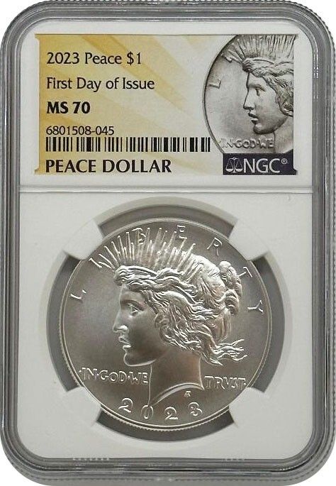 ピースシルバードルコインNGC MS 70 発行初日ラベル