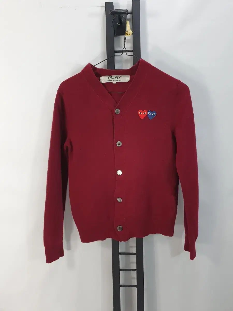 コム デ ギャルソン カーディガン DoubleHeart ダーブルハート ワッペン ウールニット バーガンディ レッド m
