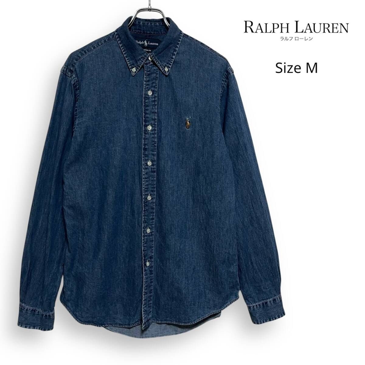M2558 90s Ralph Lauren ラルフローレン インディゴ ボタンダウン マルチポニー 長袖 シャツ デニムシャツ M