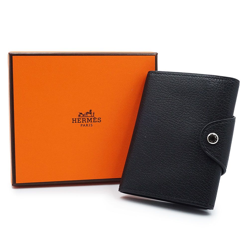 エルメス イリアード コンパクト ユリス カードケース 名刺入れ パスケース 定期入れ コインケース 小銭入れ 二つ折り財布 シェブル シェーブルシャムキラ ノワール ブラック シルバー金具 B刻印 HERMES