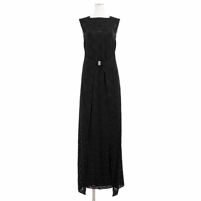HERMES エルメス ロング ワンピース 2025AW H ロゴ メタルバックル モザイク ジオメトリックジャガード 総柄 ノースリーブ シルク ビスコース ドレス レディース サイズ 34 ブラック 黒 フランス製 2H0553DF