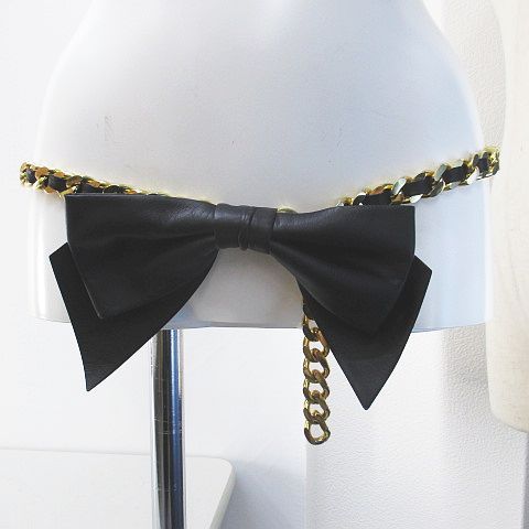  ジバンシィ GIVENCHY チェーンベルト リボンモチーフ レザー調 L 黒系 ブラック ホック 小物 ベルト 小物