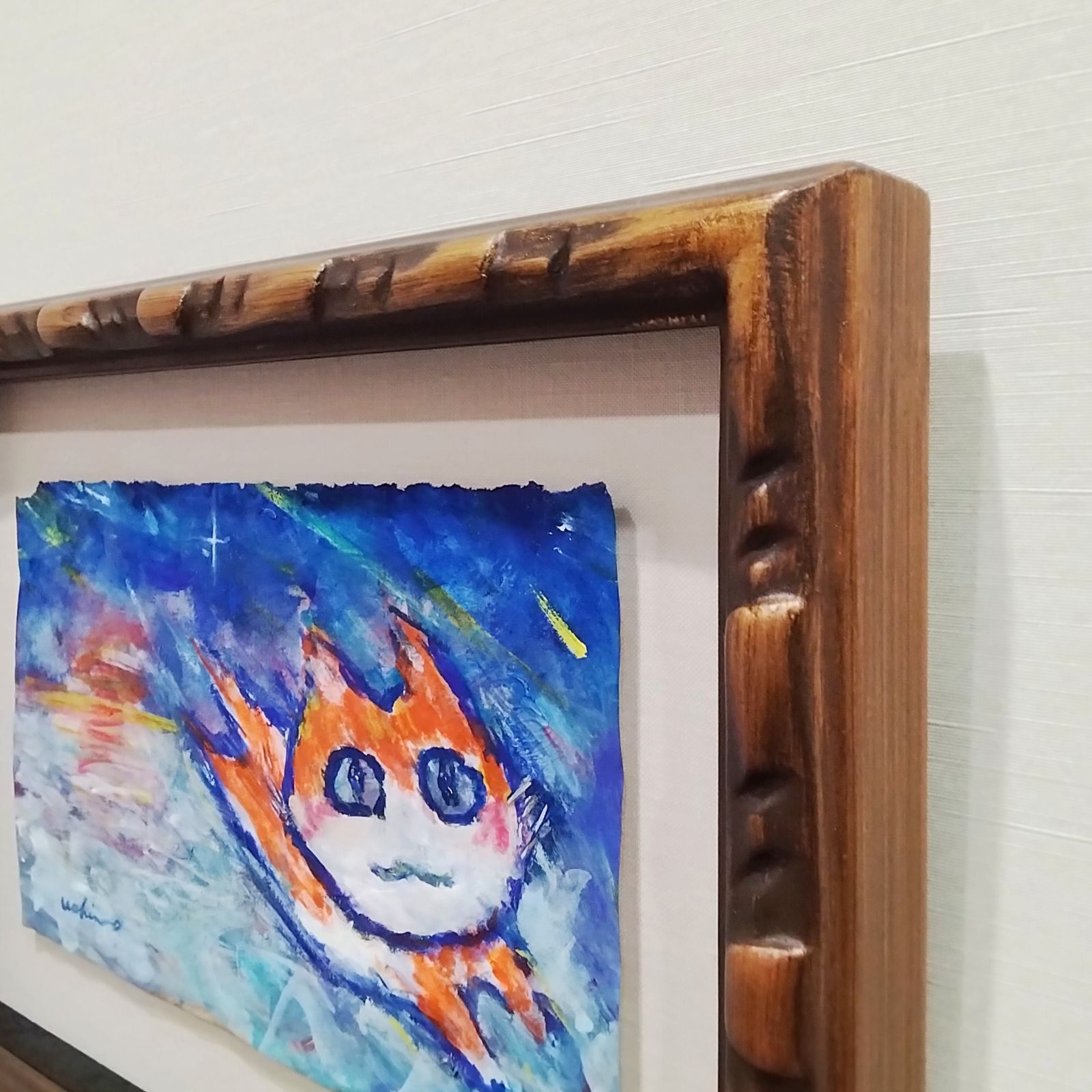 内野隆文　夕焼けネコダッシュ　絵画　現代美術　猫　アクリル画　素描　額付　真作 内野隆文 夕焼けネコダッシュ 絵画 現代美術 猫 アクリル画 素描 額付 真作