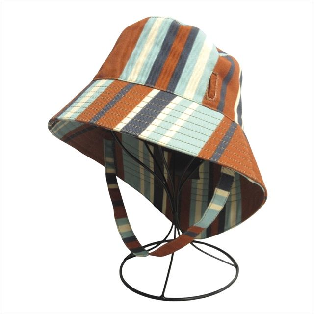 プラダ PRADA トライアングルロゴ ポーチ プリント ドリル ハット バケットハット 帽子 ストライプ 三角プレート L 茶 ブラウン 青 ブルー メンズ レディース